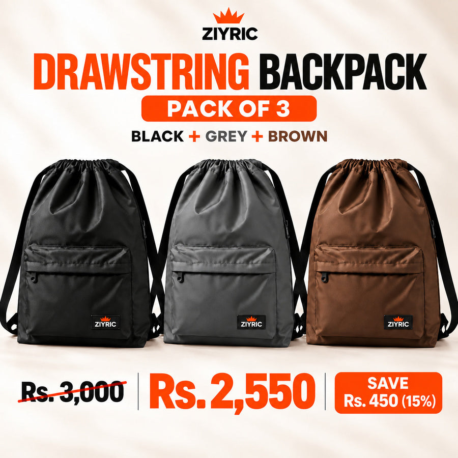 Drawstring Backpack — Pack of 3 | Black + Grey + Brown