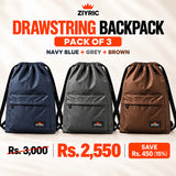 Drawstring Backpack — Pack of 3 | Navy Blue + Grey + Brown