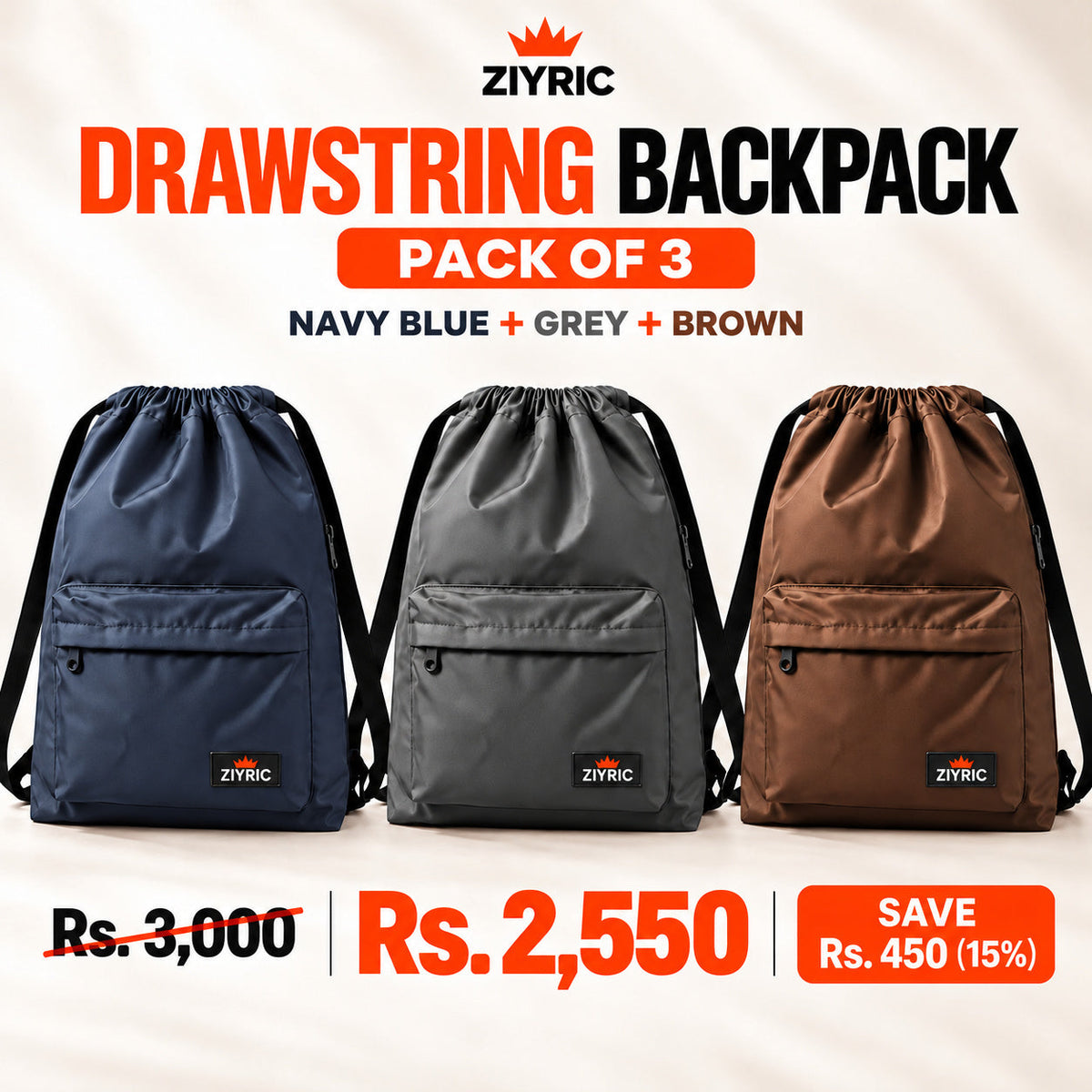 Drawstring Backpack — Pack of 3 | Navy Blue + Grey + Brown