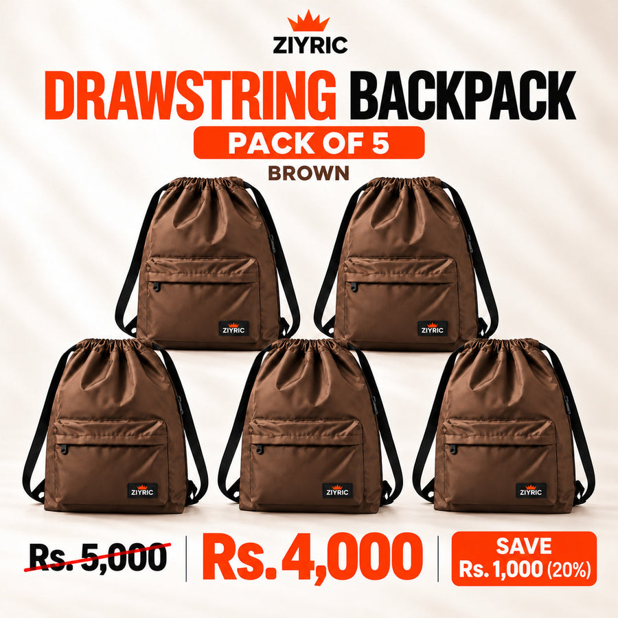Drawstring Backpack — Pack of 5 | Brown
