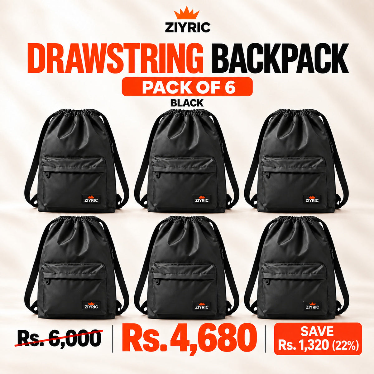 Drawstring Backpack — Pack of 6 | Black
