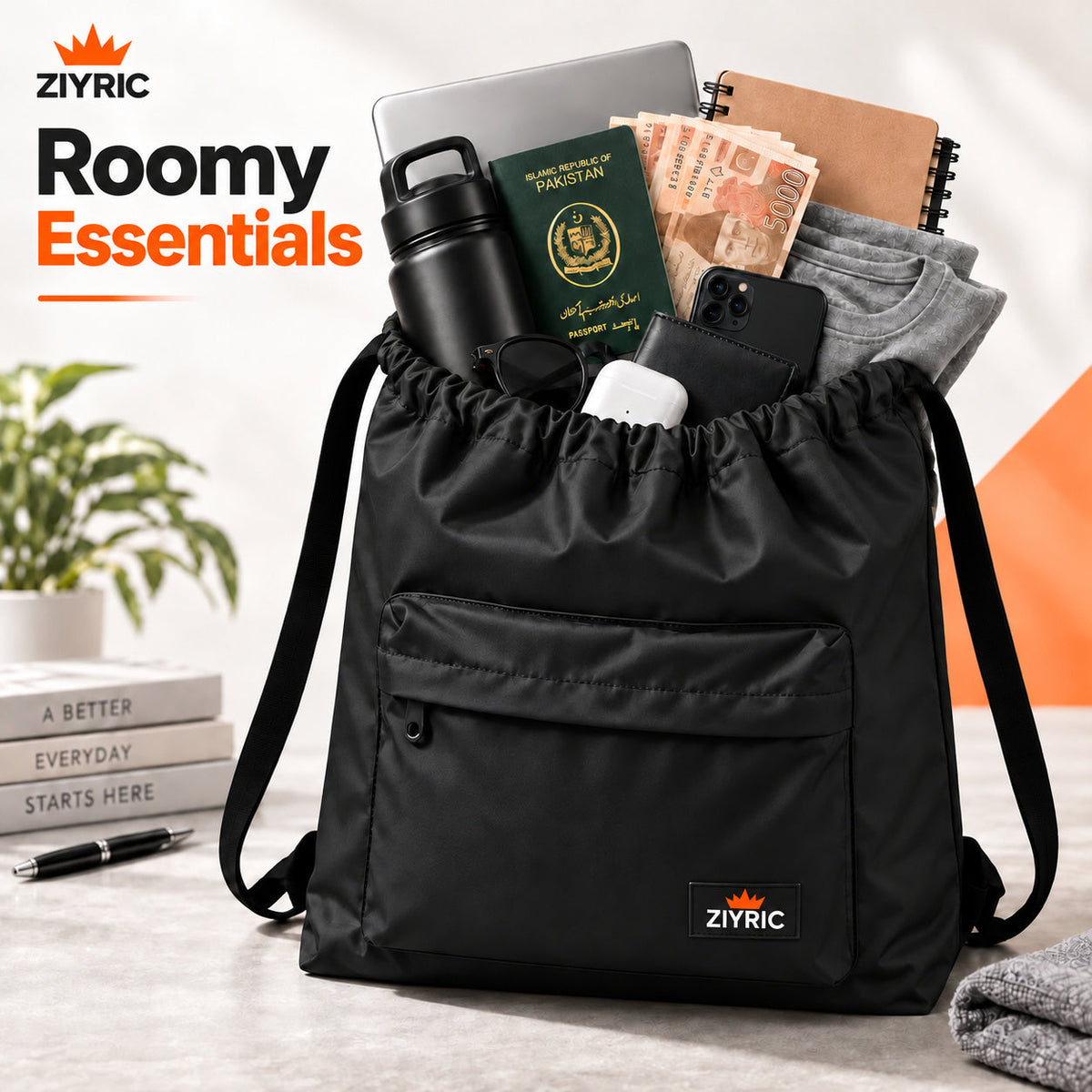 Drawstring Backpack — Pack of 6 | Black