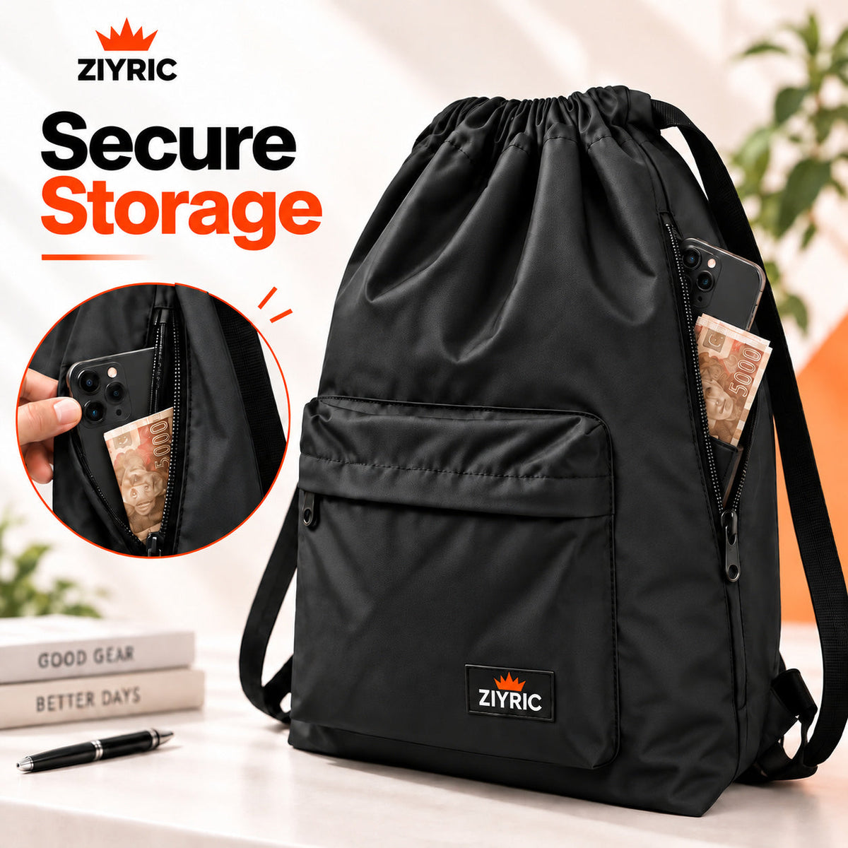 Drawstring Backpack — Pack of 6 | Black