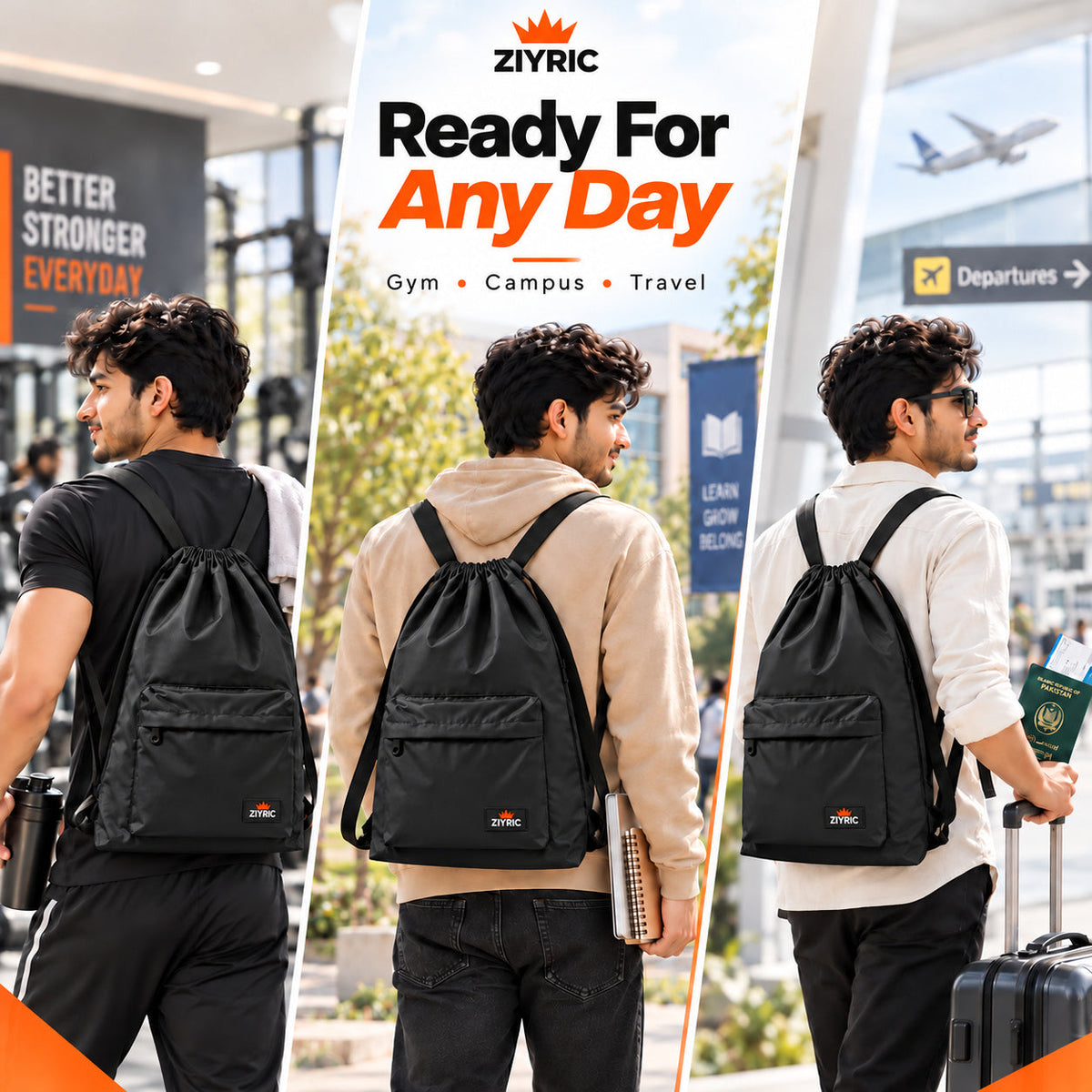 Drawstring Backpack — Pack of 6 | Black