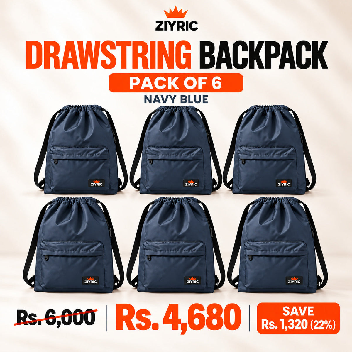 Drawstring Backpack — Pack of 6 | Navy Blue