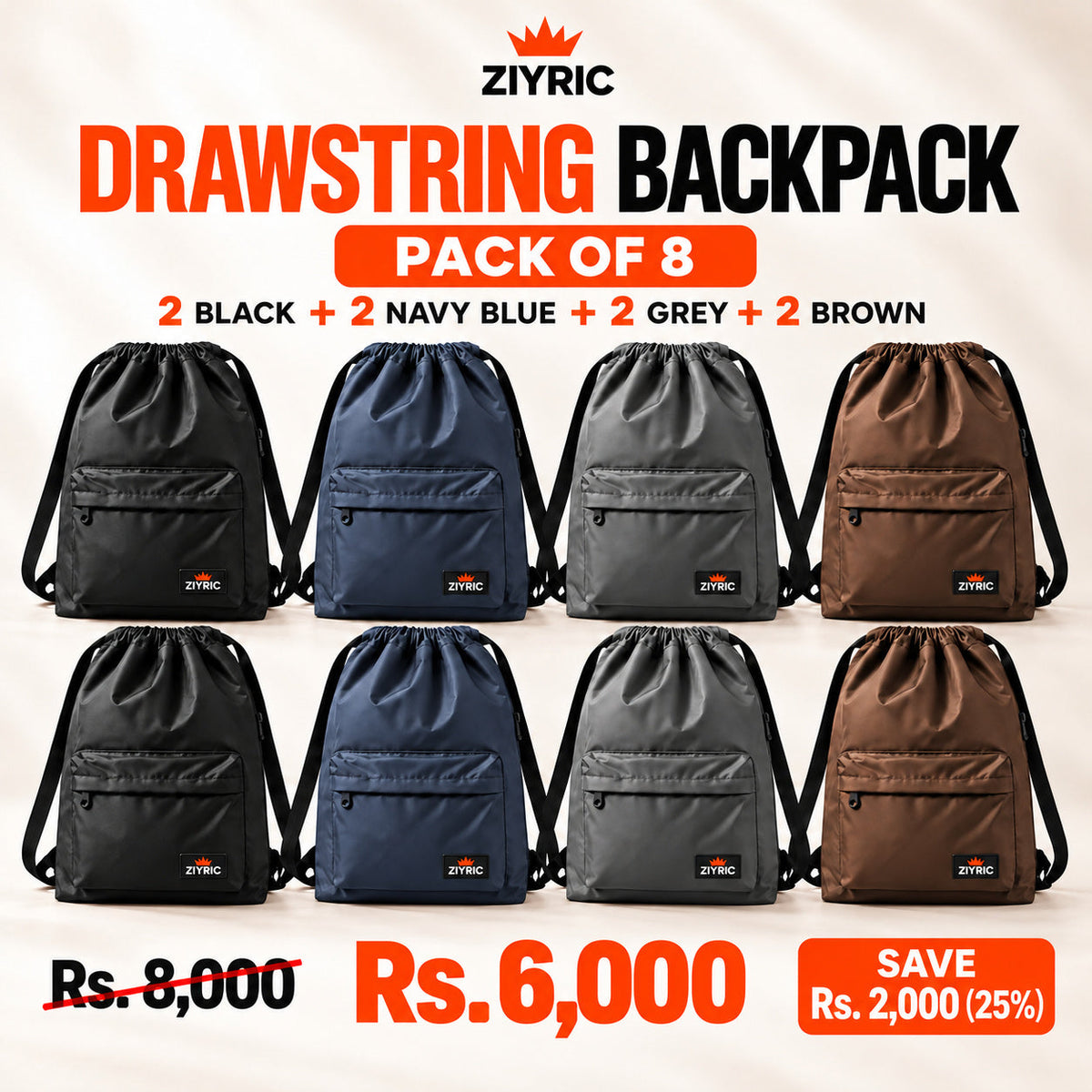Drawstring Backpack — Pack of 8 | 2 Black + 2 Navy Blue + 2 Grey + 2 Brown