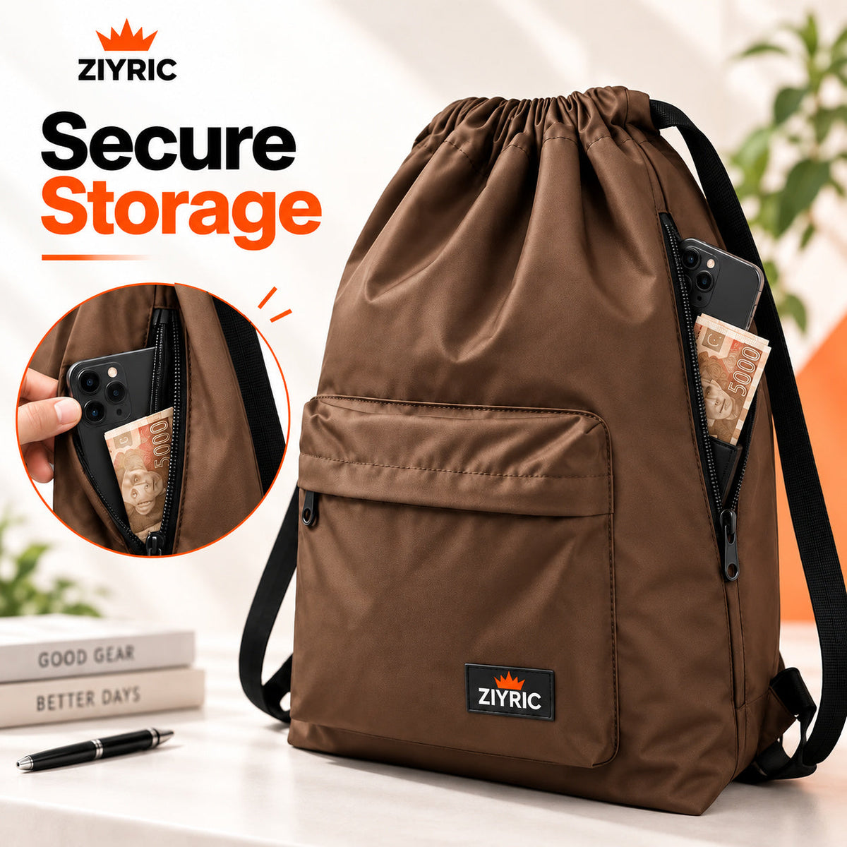Unisex Drawstring Backpack – Brown